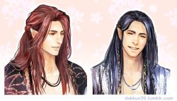 dakkun39:  Maedhros and Fingon   現代衣装で最初描いていたんですが、普通にバンドマンになってしまったので花輪とローブを追加してみたら、一気に「私たち結婚しました」状態に。