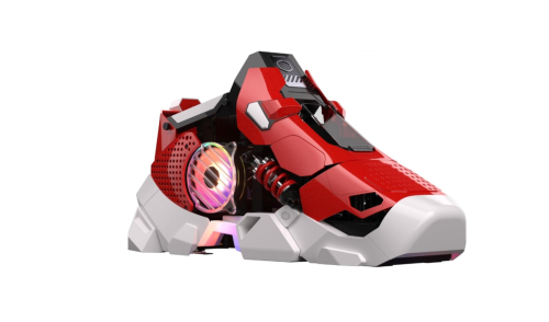 a picture of the Cooler Master Sneaker X gaming PC. A sleek, red and white PC tech that resembles a shoe.
