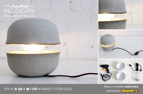 DIY $8 Modern Concrete Lamp Tutorial from HomeMade Modern. Excellent video and written tutorial at t
