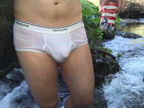 a-tightywhities-stuff:  Cheap briefs, cheap beer, and camping…does life get any better? 