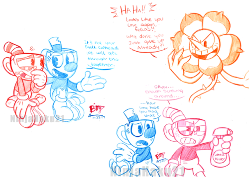 ninjahaku21art: More sketches of cuphead and mugman! xDIn the left sketch, Mugman is comforting Cuph