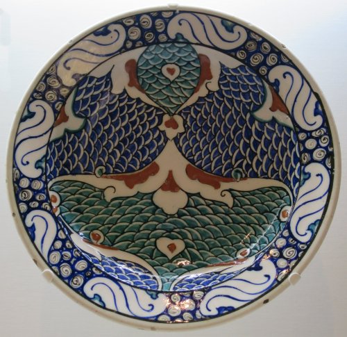 Painted dish from Iznik, Turkey.  Artist unknown; ca. 1580-85.  Now at the Doris Duke Foundation for