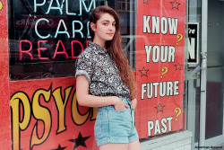 americanapparel:  Laurence in the Nathalie Du Pasquier Kouki Print Shirt and high-waist denim, Toronto 2014.