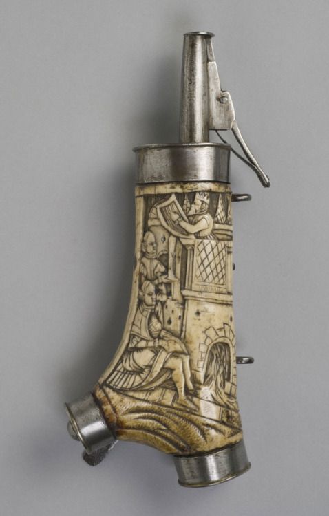 Carved staghorn gunpowder flask originating from Germany, circa 1580.from The Philadelphia Museum of