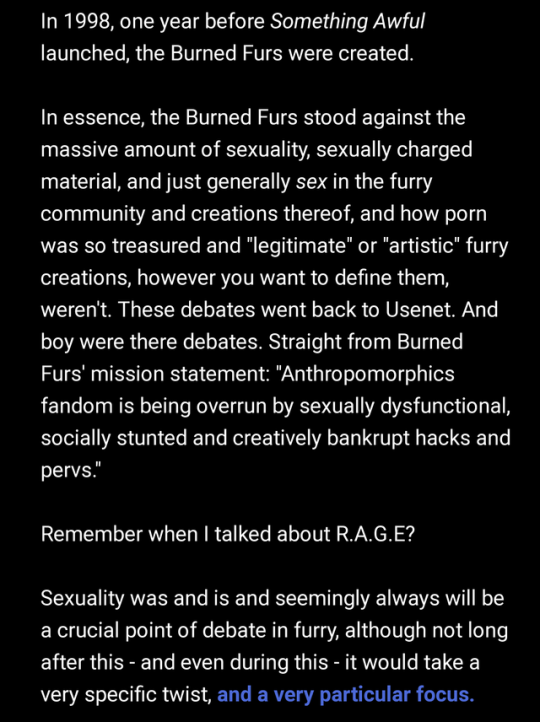 mxfoxtrot: mxfoxtrot:  mxfoxtrot:  Lol, I’m giving that furry history twine a reread now because it’s been a couple of years. Can’t help but notice some similarities between Burned Furs and the current general fandom purity movement. Some things