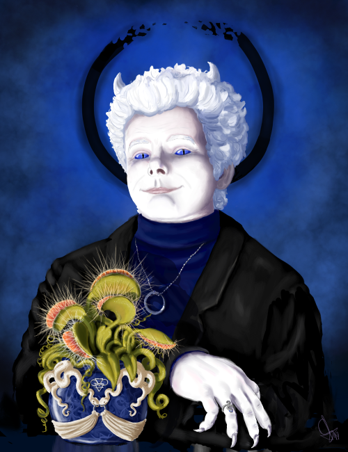 toadstoned:Just my vision of Demon!Aziraphale. And of course Bub, his soon to be man-eating venus fl