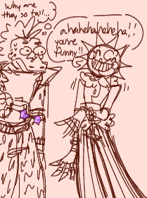 panel 3. sun is laughing and smiling while batting their hand at monty, there's a speech bubble coming from them that says "you're funny!!" 
monty has taken his sunglasses off and is staring at them while comically bug eyed and sweating. there's a thought bubble coming from him that reads "why are they so tall..."