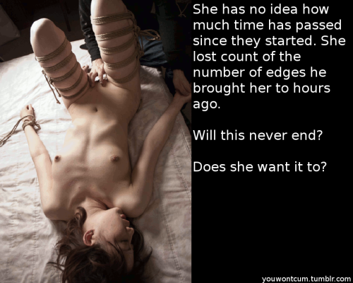 youwontcum:  She has no idea how much time has passed since they started. She lost count of the number of edges he brought her to hours ago.  Will this never end?  Does she want it to?