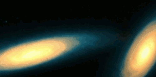 seth-mars:fyeahscienceteachers:Collision of Milky Way and Andromeda galaxies: a simulation- This eve