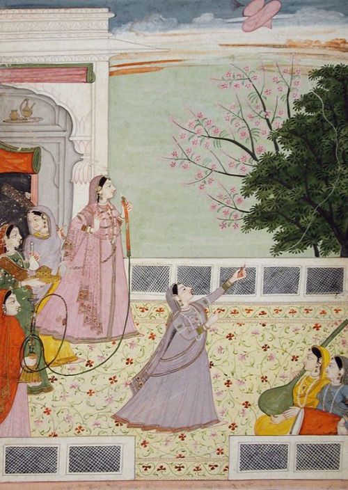 womeninarthistory: Women on a terrace, smoking and kite flying ca. 1785, Indian Miniature 