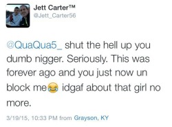 not-so-bitterbritters:  chicmedschool:  godgazi:  So this mayo stain cave savage is harassing black students via Twitter and calling them the N-word. The school has decided not to do anything about it and he went back to harassing black students online.