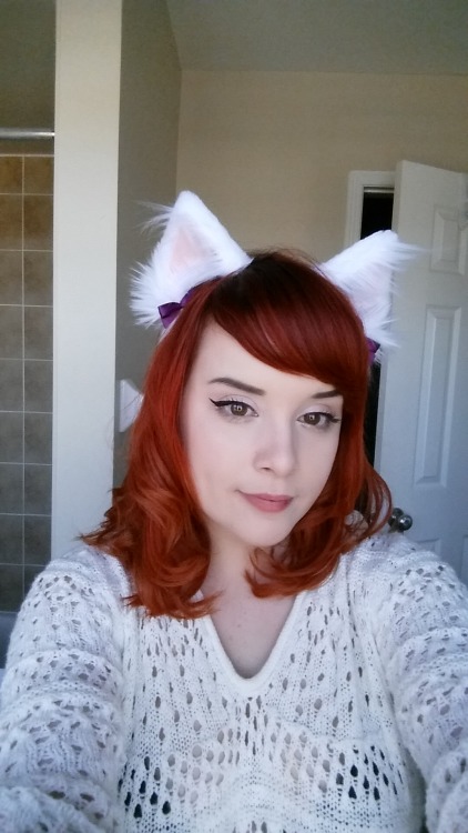 kittensplaypenshop:  sara-meow:  It’s another cat ear making day..and its so nice out D: my eyes are so red from cutting fur :(  Realistic cat ears in white :)