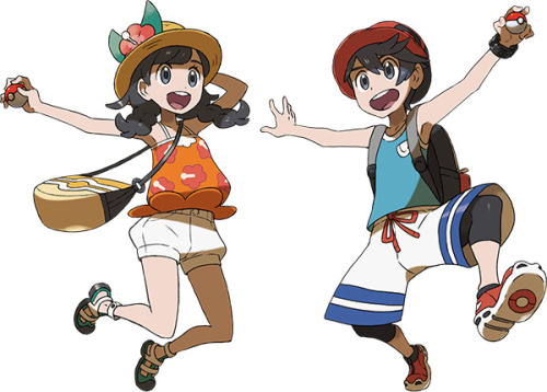 Artwork of the protagonists and the starter Pokémon in Ultra Sun &amp; Ultra Moon