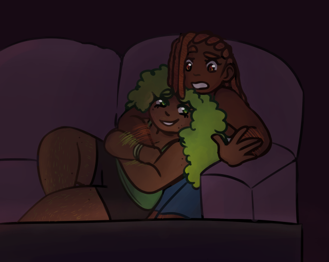 orange and lime on a couch watching a movie. orange has her arm around lime's shoulder and is talking, focused on the movie. lime smiles fondly up at her