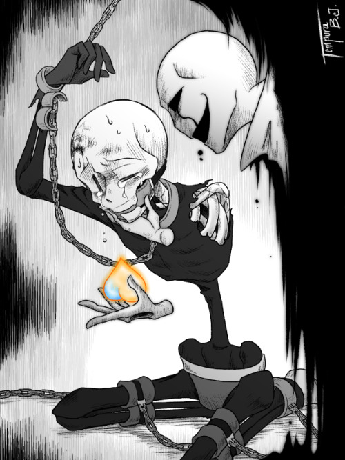 tempura-bean-jelly: (Yesterday I suddenly came up with an idea of a short story so I drew it for now) Sans was transplanted the left arm of Papyrus…and he goes to save Papyrus caught by Gaster. (Perhaps Dr.Gaster in this story is pretty bad)  ＜Hmmmmmmmmm