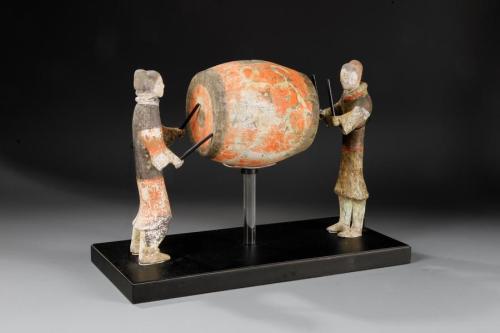 Painted Earthenware Drummers and Drum, Jiangu, Western Han Dynasty, 3rd – 1st Century BC, 9 ½”. Prov