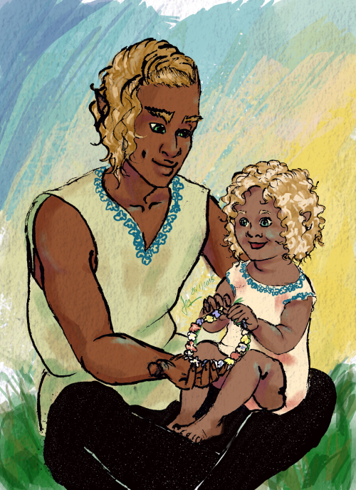 jul-likes-magpies:Second part of my art-trade with tosquinha. Arafinwë and baby Artanis, weaving a f