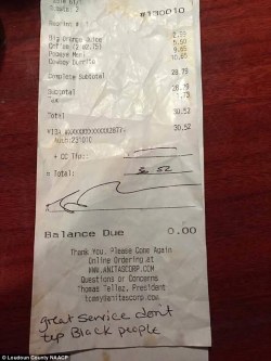 lagonegirl:   A waitress who served a white couple at a Virginia restaurant was left a racist message instead of a tip. #Racism  