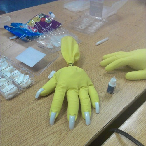 What my days include . #hand #glove #yellow #sand #nails #whitetips #spongebob #lookin #heffa #cosme