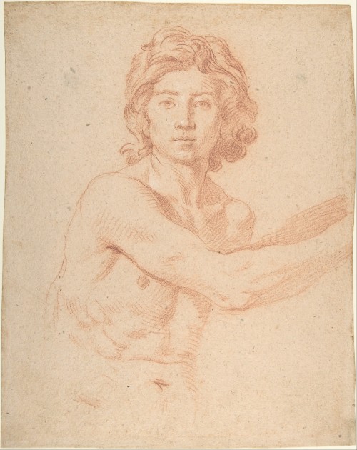kecobe:Half-Figure of a Youth with His Right Arm RaisedSimone Cantarini (Italian; 1612–1648)ca. 1612–48Red chalk, a few white highlights, on beige paperThe Metropolitan Museum of Art, New York 