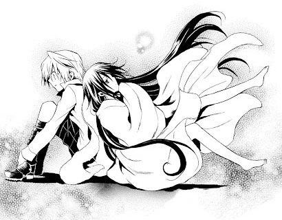 A panel from the Pandora Hearts manga, showing Alice wrapped in a sheet sitting down to lean against Oz Vessalius's back. 