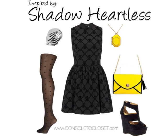 Shadow Heartess (Kingdom Hearts) by ladysnip3r    Topshop - High Neck Flocked Skater Dress ($56)/ Dorothy Perkins - Black Diamond Heart Tights ($12)/ Asos - River Island Eager Black Strappy Platform Wedges ($86)/ Yesstyle - Life 8 Leather Bag ($70)/...