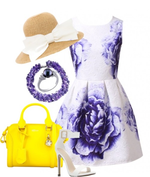 Garden Party by ethemuse featuring a black ringWhite dress / Strappy shoes / Alexander McQueen yello