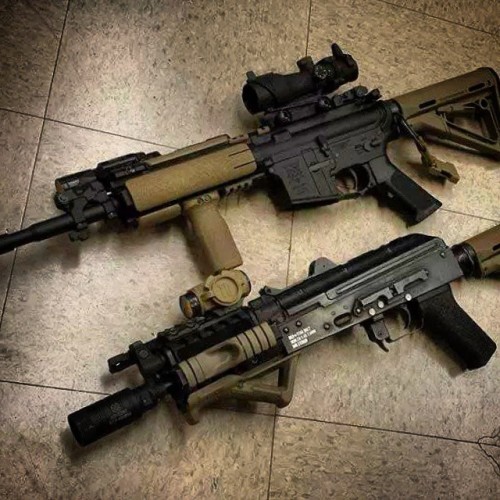 echo1-usa:  Which one do you want? Some built up rifles from @jag_precision with a RedStar BOLT and VFC M4. #likeaboss #milsim #ar15 #ak #m4 http://ift.tt/112shLc