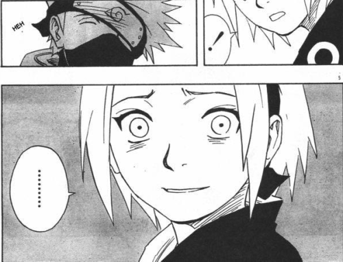 ywhiterain:  I do love this moment. Kakashi constantly underestimates Sakura’s strength. Part of it is that he wants to protect her - what (mostly) normal twelve year old girl could handle the truth of Orochimaru’s mark? Sakura will surprise him,