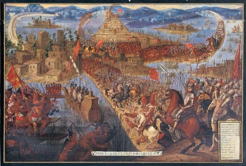 The Conquest of Tenochtitlan (1650 – 1700, artist unknown).Marching towards Tenochtitlan, Hernán Cor