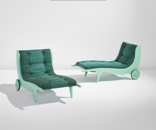 Gio PontiPair of lounge chairs, circa 1937Painted wood, painted steel, rubber, fabric upholsteryManu