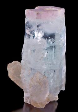 mineralists:  Very rare bi-colored Beryl (Aquamarine with pink Morganite termination) with Quartz crystal points from Pakistan