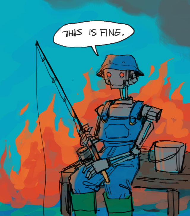 A drawing of Han-Tyumi the cyborg as seen in the album cover of King Gizzard and the Lizard Wizard's Fishing for Fishies. He is sitting down fishing while the background is on fire, and saying "This is fine."