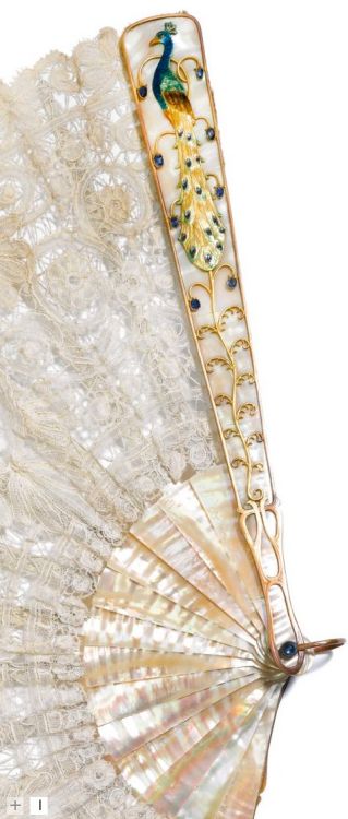 An Art Nouveau mother-of-pearl fan with jewelled and enamelled gilt-metal mounts, J. Th. Heinze, Dre