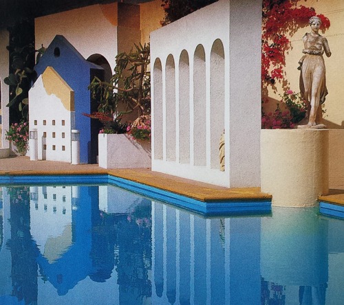 thetriumphofpostmodernism:  Pool and garden designed by Richard England for his wife at their house in Malta, 1980s  From Architectural Digest, “The AD 100 Architects” 1991.  Source: http://archidose.blogspot.co.uk/2016/02/ad100-pomo-flashback.html?m=1