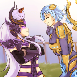 transcendentsyndra:   &ldquo;You were suppose to take care of him yesterday!&rdquo;  ( Syndra is showing her dominance by looking down at Irelia while being the shorter one 8D  BUT YAY! Finally did something for lol69min! Well I saw the start 5 mins