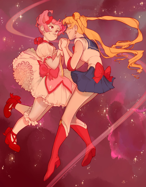 puddingpox:it’s finished!! ﾟ+｡:.ﾟヽ(*´∀`)ﾉﾟ.:｡+ﾟI like how this came out - i’ve never painted space before!!;;Madoka/Usagi magical girls in space,hi res