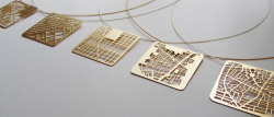culturenlifestyle:  Stunning Jewelry Outline City Maps  Israeli based artist Talia Sari constructs stunning brooches, necklaces and rings of street maps of the most famous cities in the world. A true romantic piece of memorabilia, Sari aims to bring