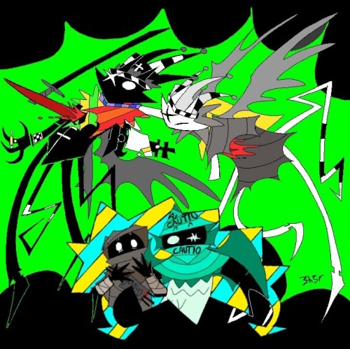 A drawing showing Prospitian Monarch stabbing Bec Noir in the back. Both of them are prototyped, with a harlequin hat added to the design. PM has a spiteful expression, while Bec noir is surprised. On the bottom, there is a spiky box showing Wayward Vagabond and ARDragonsprite outside of the drawings view. Both have a very surprised expression.