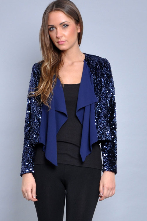 TFNC sequin cardigan with chiffon waterfall collars. This is a perfect little jacket for a night nig