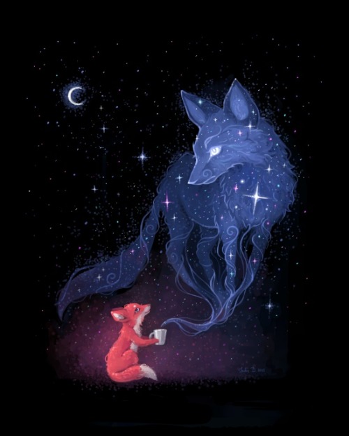 witchyexperiments: bestof-society6: ART PRINTS BY FREEMINDS Celestial Camping 2 Magic Tree Kitsune M