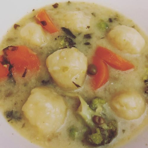 Dumpling soup. It’s basically chicken and dumplings without the chicken, so it’s vegetar