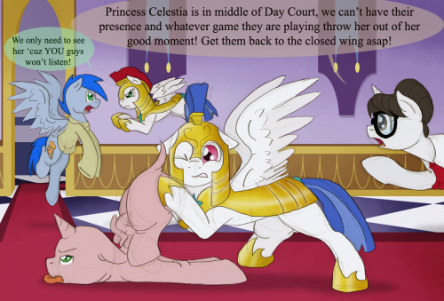 ask-four-inept-guardponies:butters-the-alicorn:Guess Plan C didn’t go as well either. But really can’t risk her lose it in middle of her duties, can’t let the subjects know their ruler is going coocoo. This is extremely non-canon. No way those two