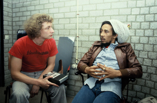 Bob Marley being interviewed by Dutch journalist Jip Golsteijn in Rotterdam 1978.Photographer: Barry