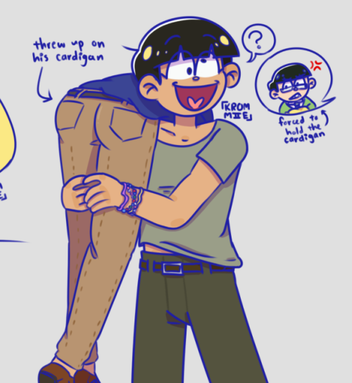 Digital art doodle of Jyushimatsu Matsuno from Osomatsu-san. Karamatsu Matsuno and Choromatsu Matsuno are also depicted. They're all dressed in the outfits they wear in the "I'm Not Letting You Go Tonight" merch set. Jyushi is missing his yellow cardigan, holding Kara who is slumped over his shoulder, and looking to the side questioningly. Choro is in a little speech bubble at the side, looking annoyed. There's an arrow pointing at Kara that says "threw up on his cardigan" and one by Choro's bubble that says "forced to hold the cardigan". Jyushi also has some bracelets on which include a purple silly bandz, a yellow silly bandz, a pink and white beaded bracelet, and a red, blue, and green beaded bracelet.