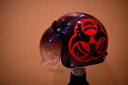 This beautiful Biltwell ¾ helmet (completely with tinted fade bubble visor) got a custom paintjob from Jeff Wolf and will be one of the prizes at the apocalypse party tomorrow!
These prizes are going to be so hard to give away!