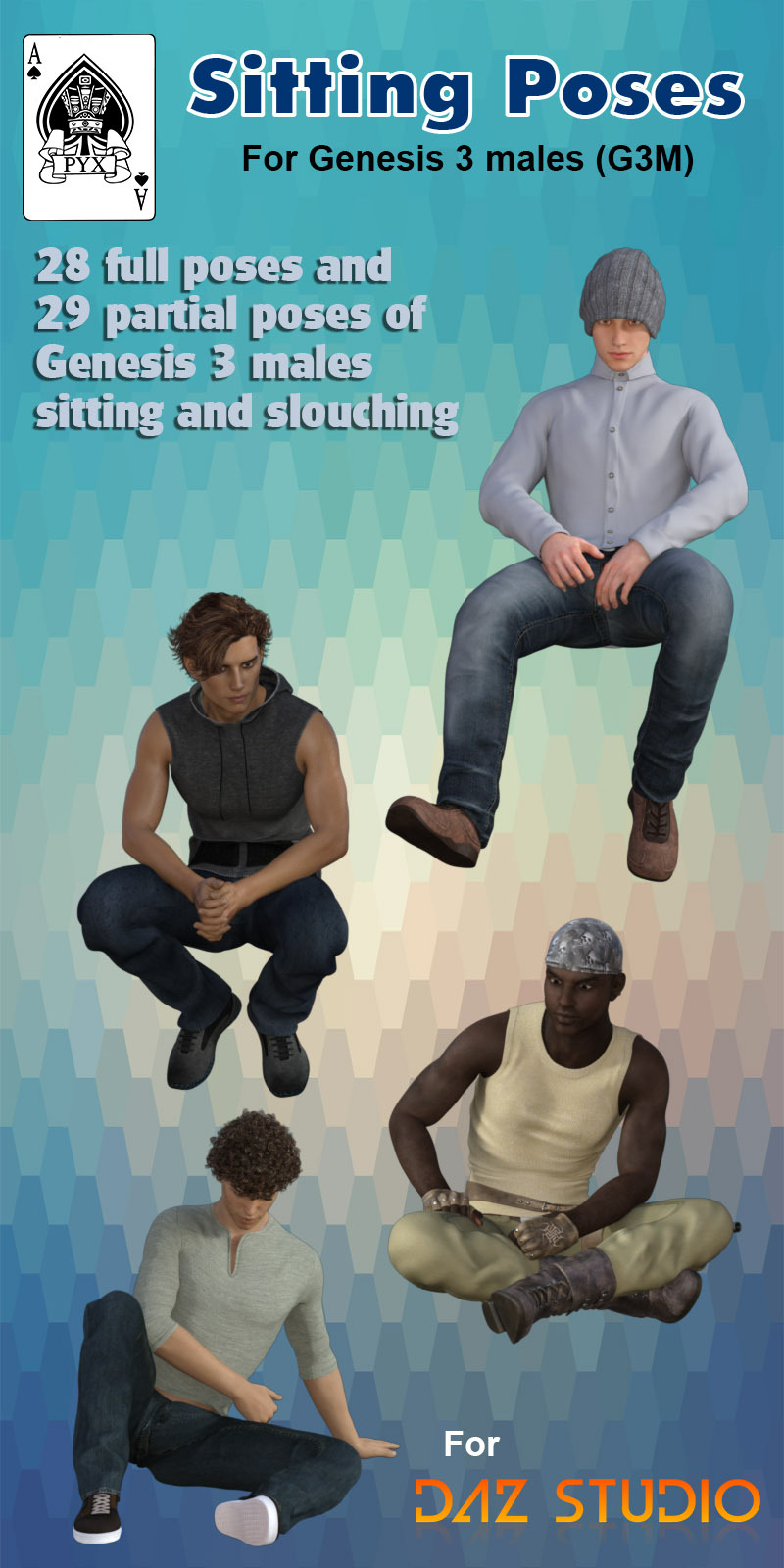 A  collection of full and partial poses of males sitting and slouching on  chairs,