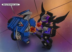 obfuscobble:  lizwuzthere:  the-starhorse:  Vehicons do&gt; get Christmas presents. Because Breakdown is the cuddliest Decepticon ever.  Unlike that cheapskate Starscream, Breakdown gets presents for all 6000 Vehicons :D  You know, I bet he DOES.  Because
