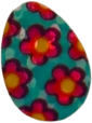sticker of a blue easter egg decorated with painted pink and purple daisies. it has a shiny foil finish.