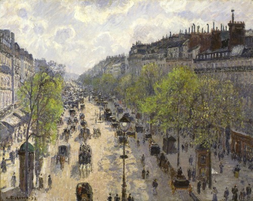 insipit:  Camille Pissarro (1830–1903, France)Boulevard Montmartre series  Pissarro was a Danish-French Impressionist and Neo-Impressionist painter. He studied from great forerunners, including Gustave Courbet and Jean-Baptiste-Camille Corot, then later